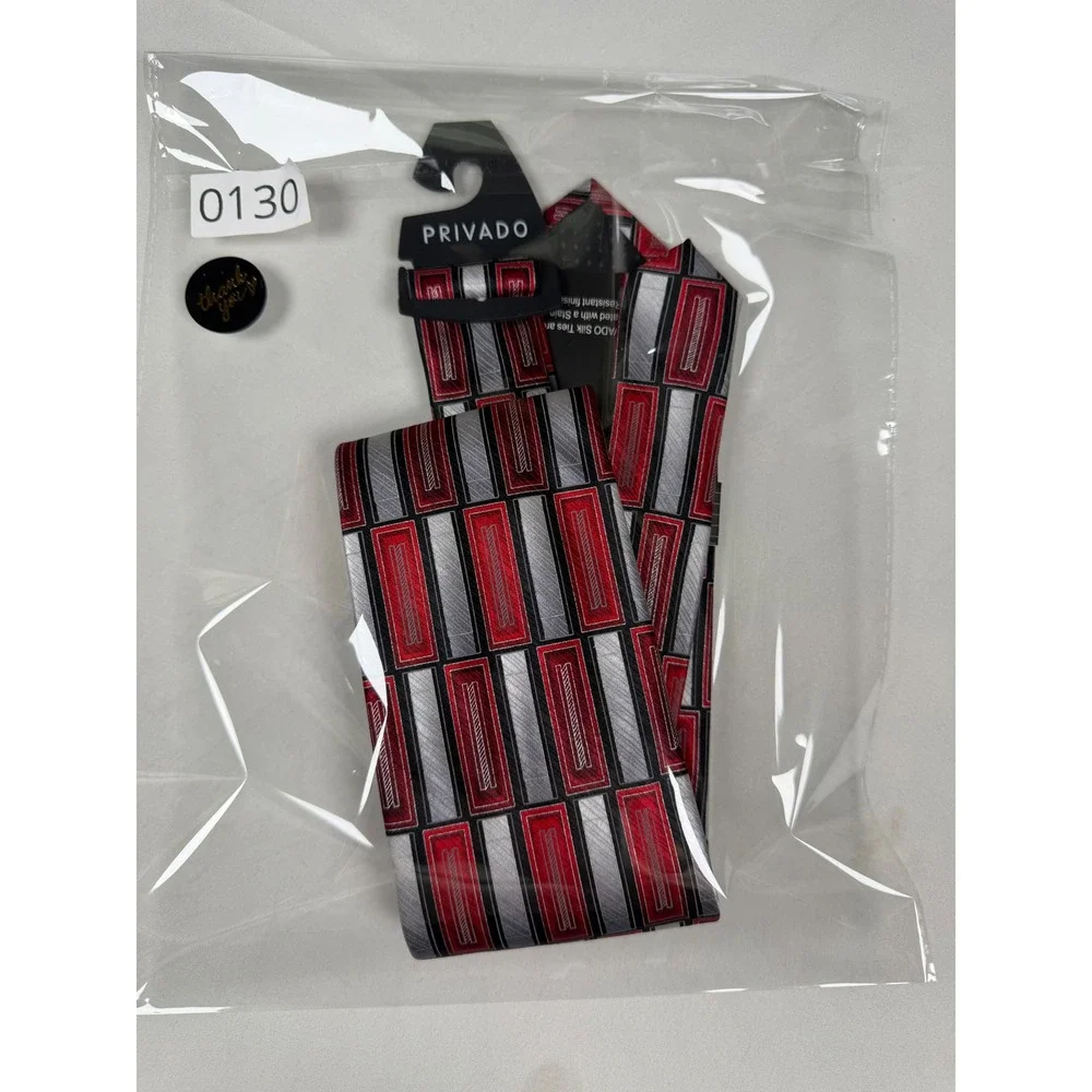 Privado Mens Silk Tie Red Silver Black Geometric Stain Resistant Hand Made